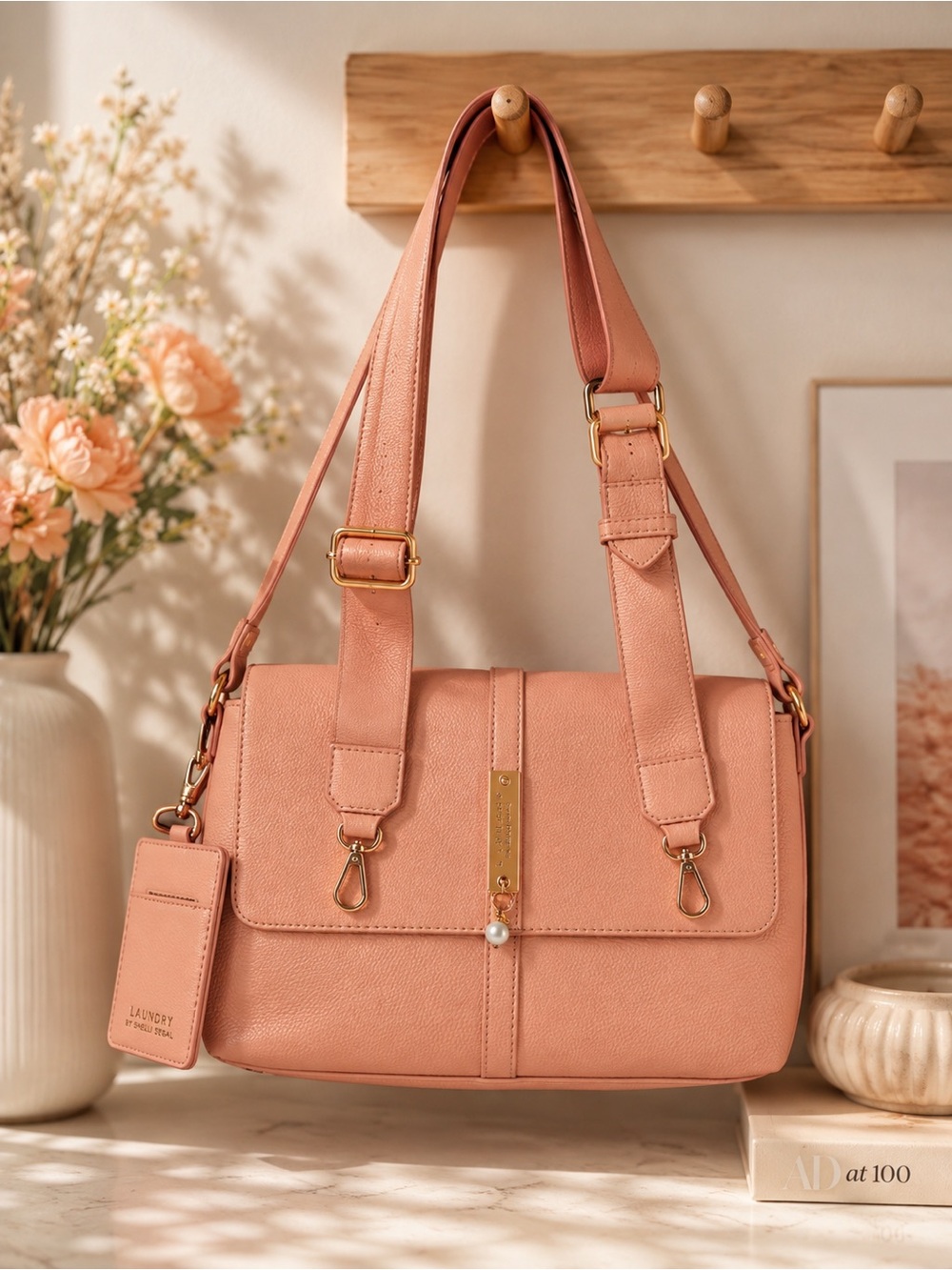 Landry by Shelli Segal Blush Pink Pebbled Shoulder Bag W/ Pearl Accent